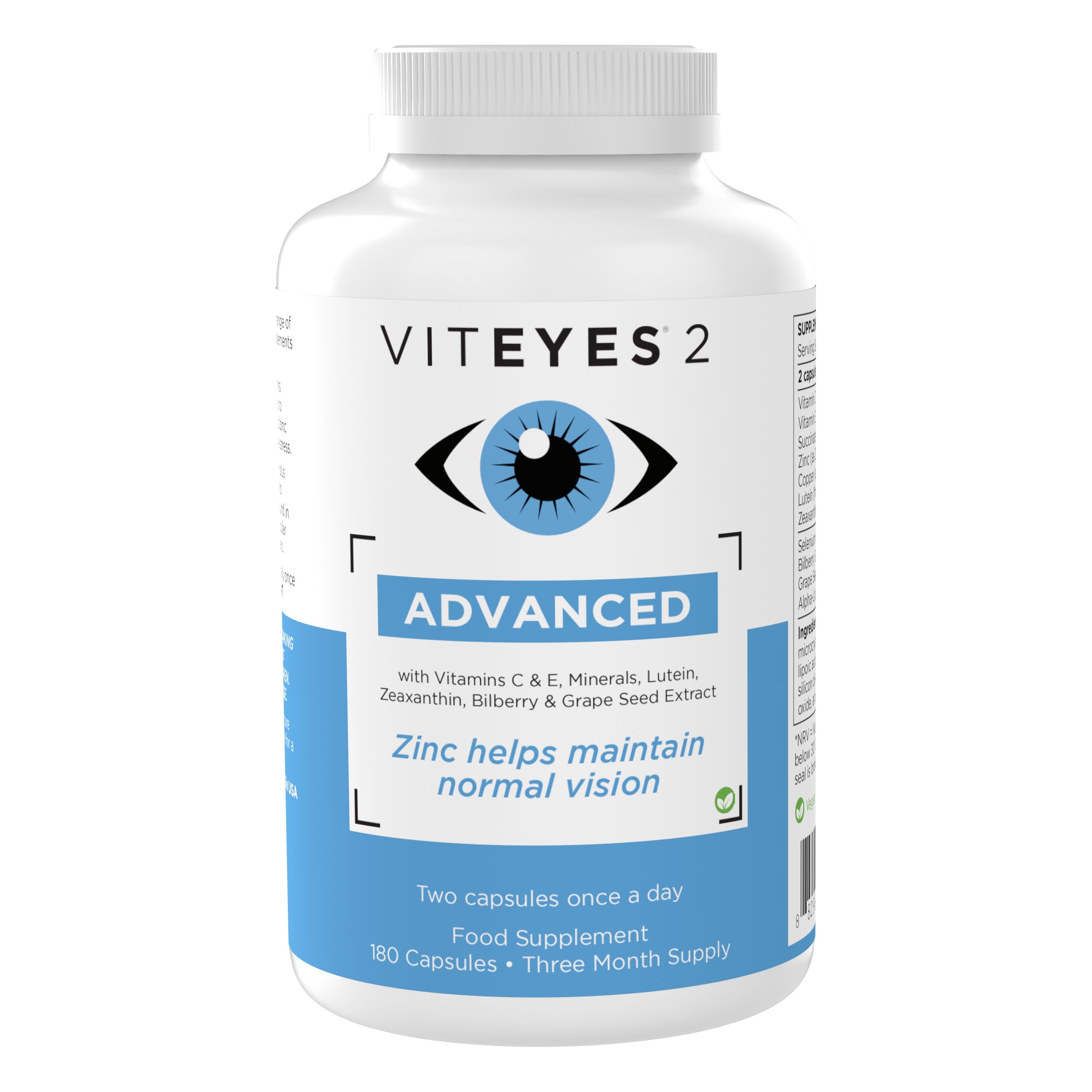 Viteyes 2 Advanced - Vegan AREDS2 Based Formula - 90 Days Supply (180 Capsules)