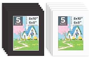 Mat Board Center, 10 Pack Pre-Cut 8x10 Picture Mats for 6x8 Photos/Prints - Acid Free, Bevel Cut, White Core, 4-Ply Thickness