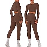 OLCHEE Womens Workout Sets 2 Piece Seamless Long Sleeve Crew Neck Crop Top Shirts Scrunch Butt Leggings Gym Yoga Outfits