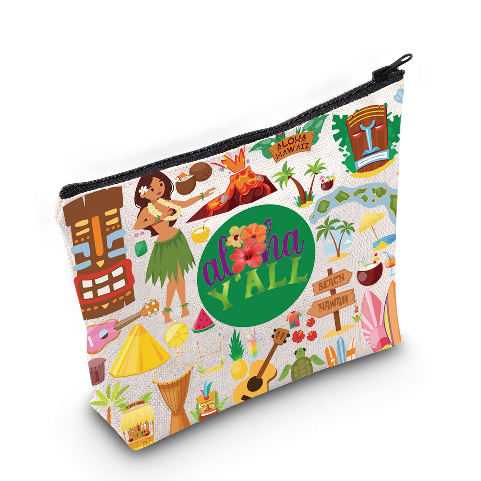 LEVLO Aloha Hawaii Holiday Cosmetic Make Up Bag Hawaii Travel Gift Hawaii Beach Guitar Zipper Pouch Bag Aloha Hawaiian Party Gift, Aloha Y'all, Cosmetic Bag