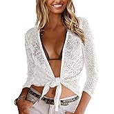Nulibenna Womens Sheer Shrug Sweaters 3/4 Sleeve Open Front Tie Cardigan Bolero Jacket Lightweight Crochet Knit Cover Up Tops