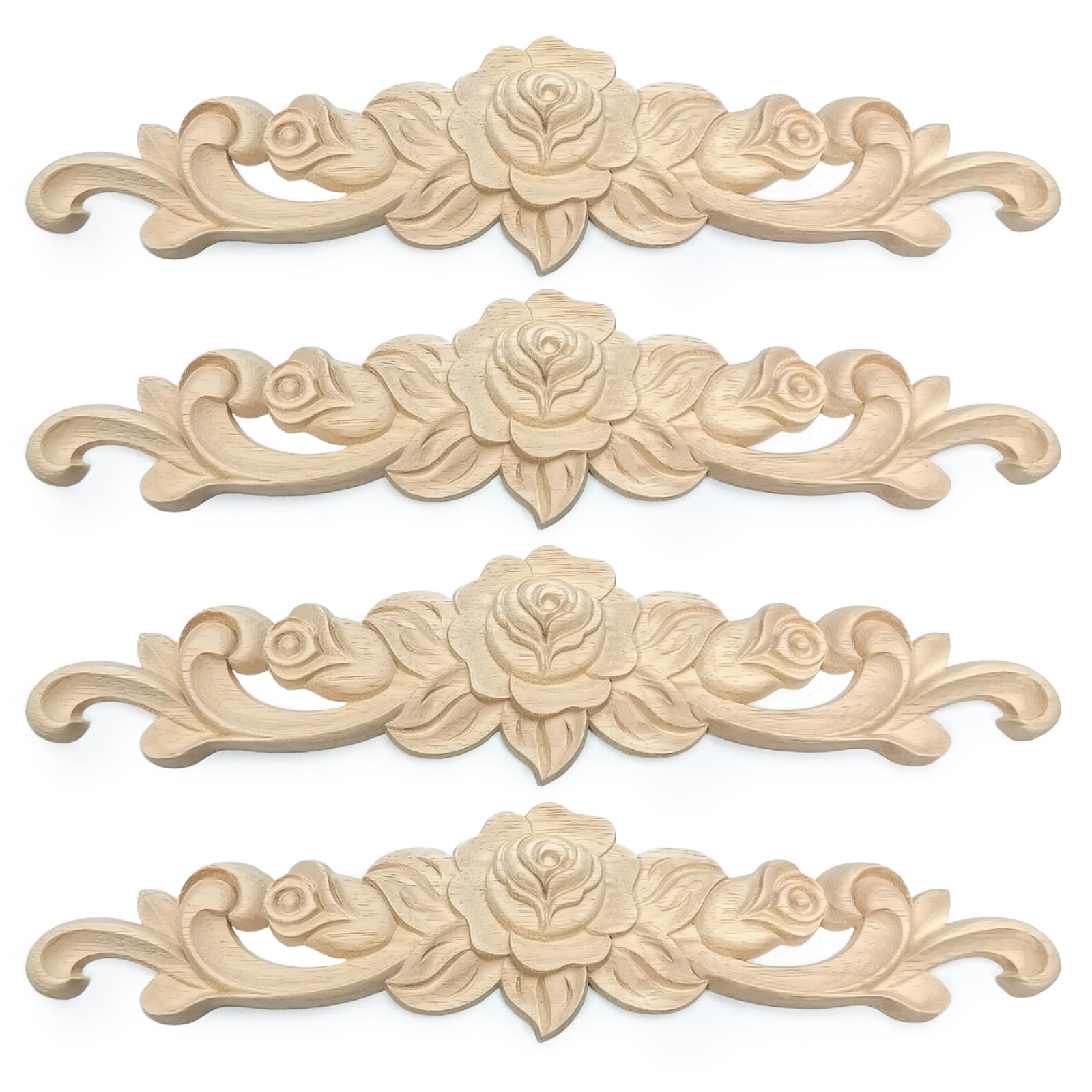 4Pcs Decorative Rose Wood Carved Appliques Onlays, 30 x 7 cm Unpainted Solid Wood Long Carving Decal for Furniture Cabinet Bed Wardrobe Closet DIY Decoration