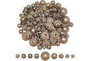 UNICRAFTALE 198pcs 9 Styles Bead Caps: Antique Bronze Metal Flower & Round End Caps for Earring, Necklace, Bracelet Jewelry Making