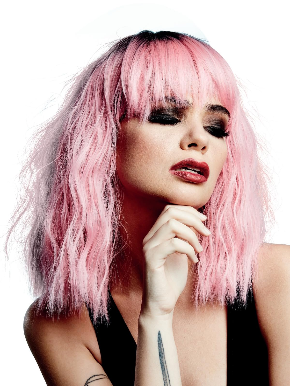 Smiffys Official Manic Panic® Love Kitten™ Trash Goddess™ Wig, Midlength Wavy Wig, Heat Styleable with Adjustable Cap in Pink Ombre Colours. Crimped Style for a bold, fashionable statement — image 1