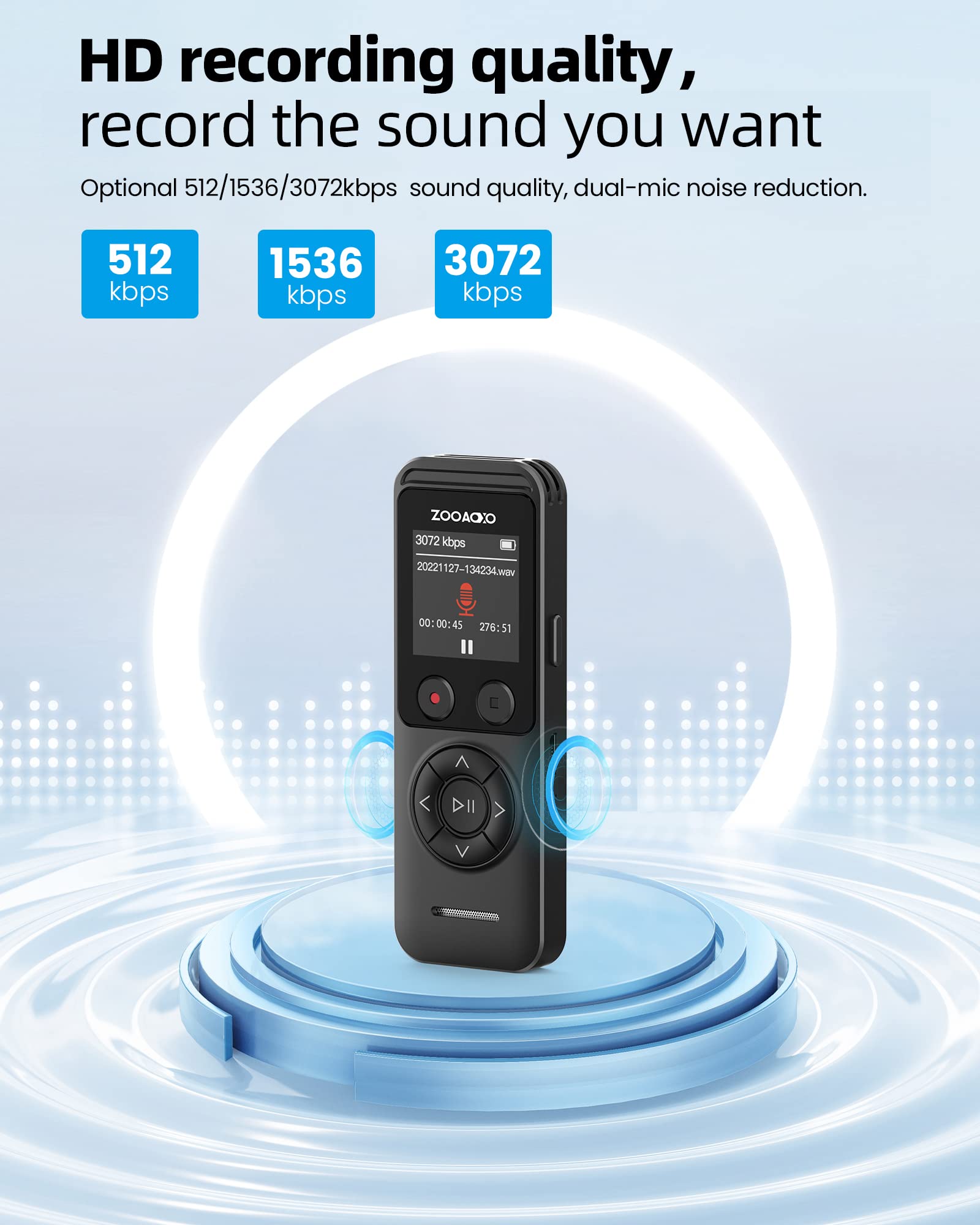 ZOOAOXO 64GB Digital Voice Recorder, Voice Recorder with Dual Microphone, 3072 kbps HD, A-B Repeat, Recording Monitoring, Noise Reduction, Voice Activated Recording