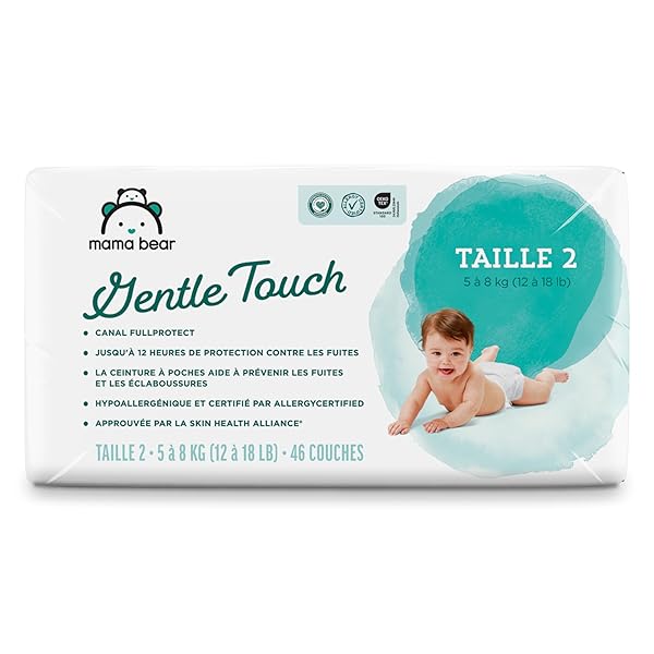 AMAZON BRAND – MAMA BEAR GENTLE TOUCH DIAPERS, SIZE 2, 46 COUNT, LEAK PROTECTION, WETNESS INDICATOR, CHLORINE FREE, POCKETED WAISTBAND