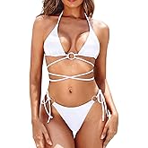 Holipick String Bikini Sets for Women Ribbed Halter Two Piece Swimsuit Sexy Triangle O Ring Strappy Thong Cheeky Bathing Suit