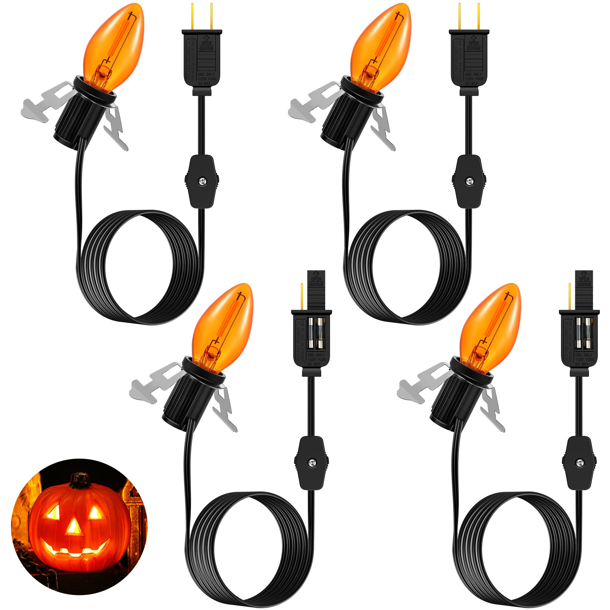 Photo 1 of Enhon 4 Pack Accessory Cord with 1 LED Light Bulb, 6ft Black Cord with On/Off Switch for Halloween Pumpkin, Blow Mold, Craft Projects, Paper Lantern, Village House, Holiday Ceramic Trees (Orange)