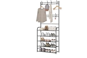 UDEAR Entryway Coat Rack - Large Space, 5-Tier Shoe Storage, Hanging & Storage, 15-20 Pairs, Black
