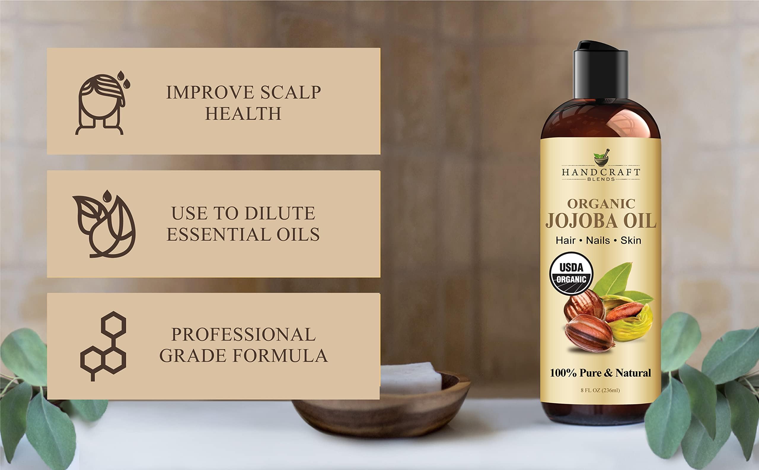 Handcraft Blends USDA Organic Jojoba Oil | Cold-Pressed | 8 Fl Oz | 100% Pure & Natural | for Hair, Skin & Face | Premium Grade Carrier Oil | for Massage & Aromatherapy | Hexane-Free