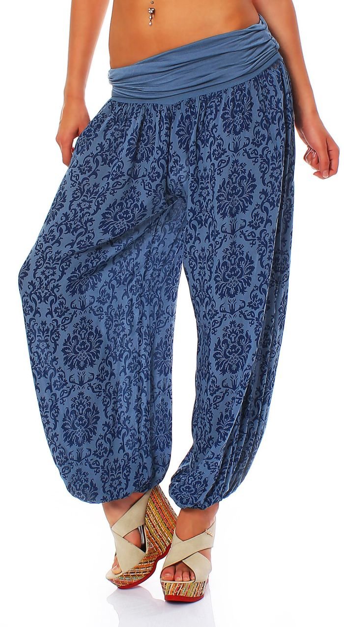 Malito 7198 Women's Pump Trousers with Yoga Pattern Harem Trousers for Dance Aladin Trousers for Chilling - Blue - One Size