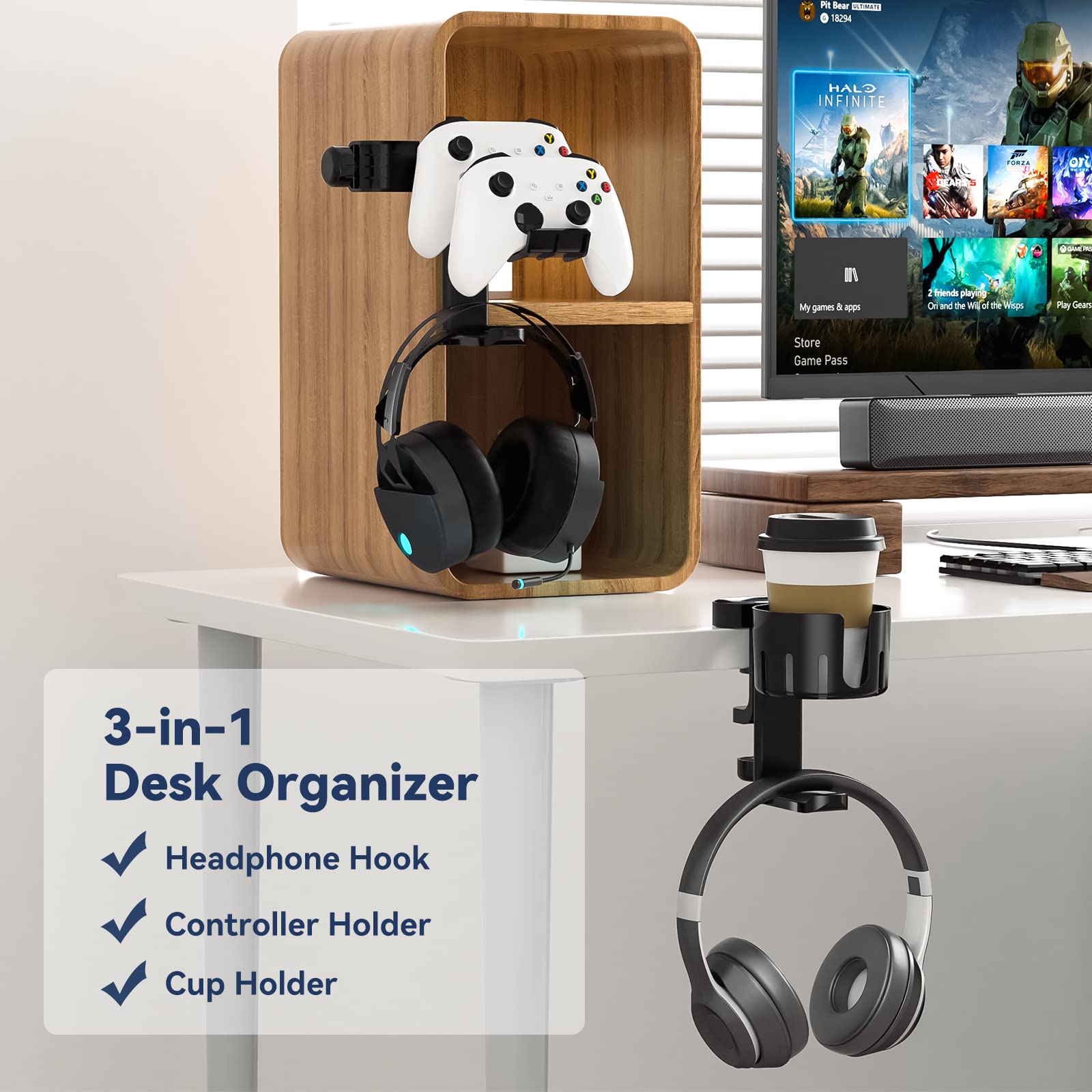 KDD Rotatable Headphone Hanger - Under Desk Clamp Controller Stand Replaceable Cup Holder - Compatible with Universal Headset, Controller, Cup(Black)