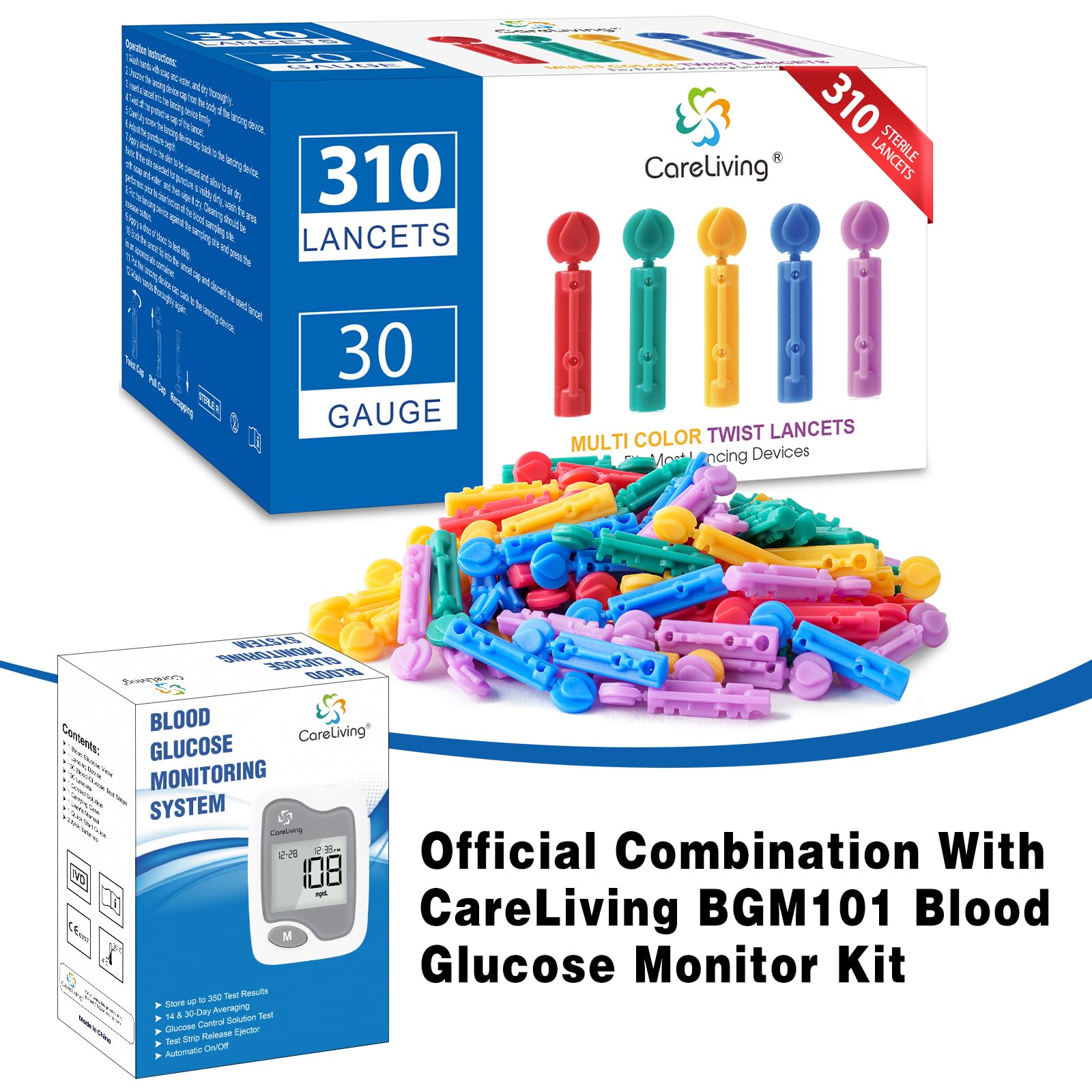 CareLiving Lancets for Diabetes Testing - 30 Gauge Diabetic Lancets for Blood Testing and Glucose Testing - Fits Most Lancing Devices - 310 Count (Colourful)