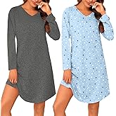 Marvmys 2 Pack Nightgowns for Women Long Sleeve Night Shirts Sleepwear V Neck Night Gown for Adult Women S-3XL