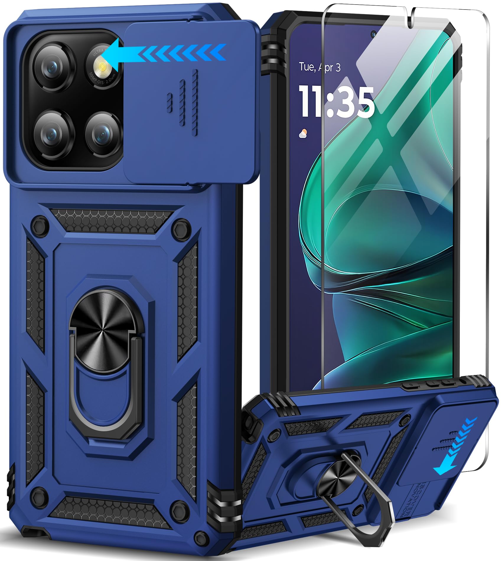 Photo 1 of Taisairu for Motorola Moto G Stylus 2025 Case with Screen Protector & Slide Camera Lens Cover, Built-in Ring Stand Shockproof Protective Phone Case for Moto G Stylus 5G 2025 Case (Blue)