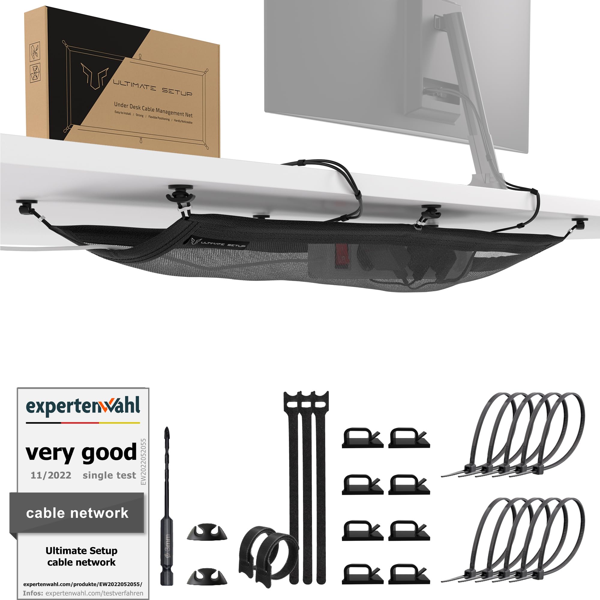 Under desk cable management tray - Flexible cable management under desk black - Finally desk cable tidy - Cable net black for under desk wire management - Ultimate Setup