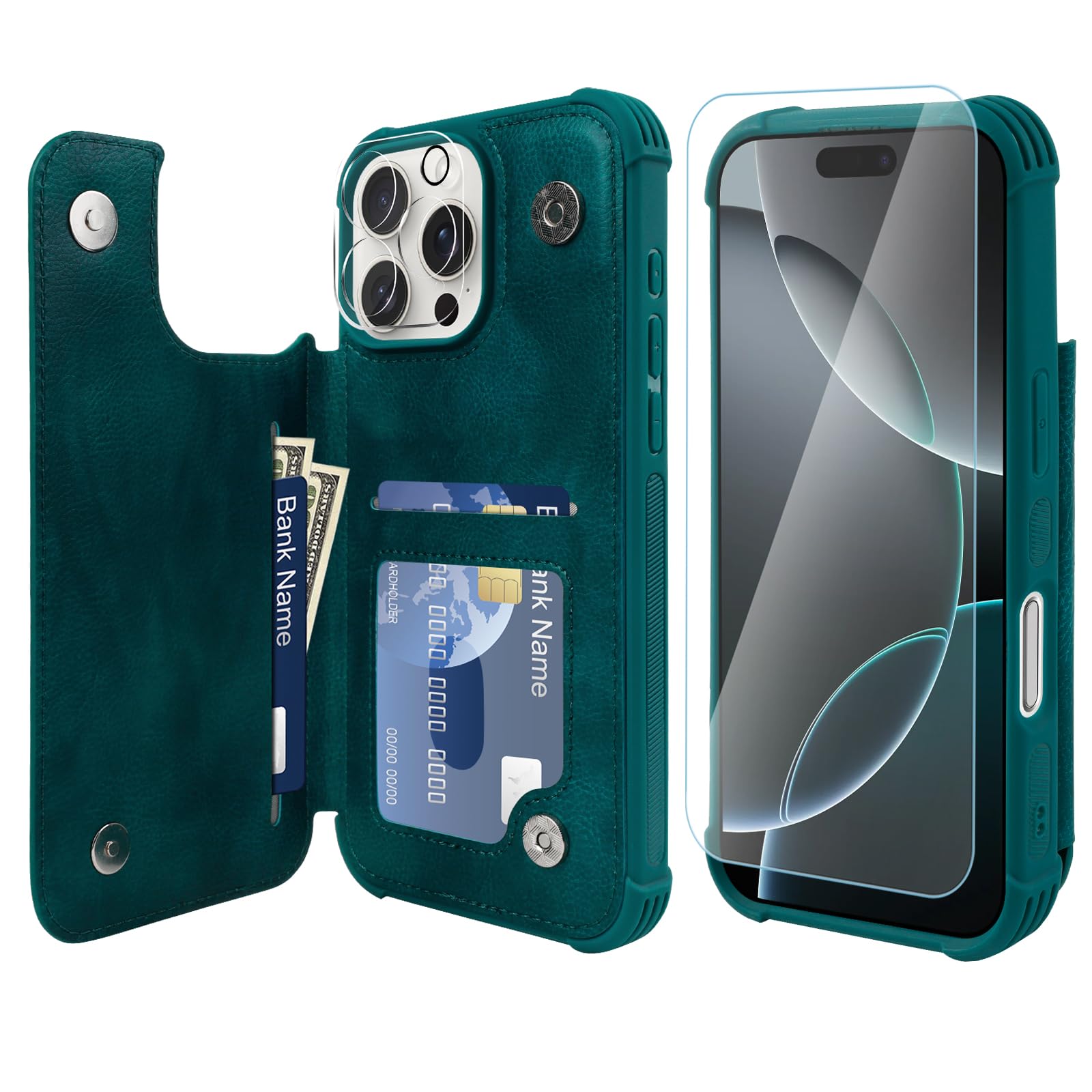 VANAVAGY Compatible for iPhone 16 Pro Wallet Case with Credit Card Holder,Rfid Leather Flip Folio Phone Cover Fits Magnetic Car Mount and Stand with Screen Camera Protector,Midnight Green