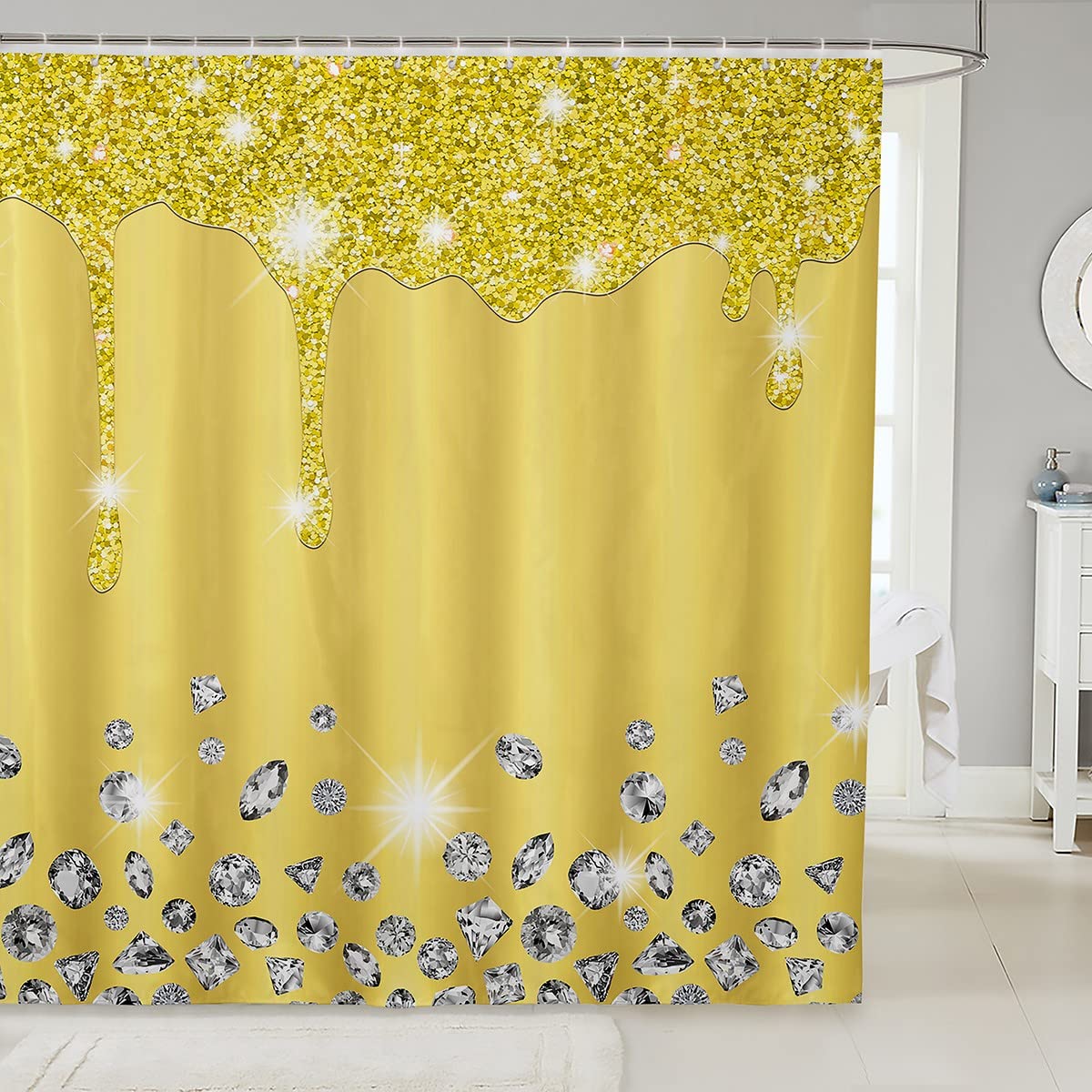 Loussiesd Silver Glitter Shower Curtain (No Glitter) Bling Partyations Yellow Bathroom Fabric Set for Diamond and Jewelry Bath Waterproof Curtains Stalls Bathtubs 72x72 Inch — image 1