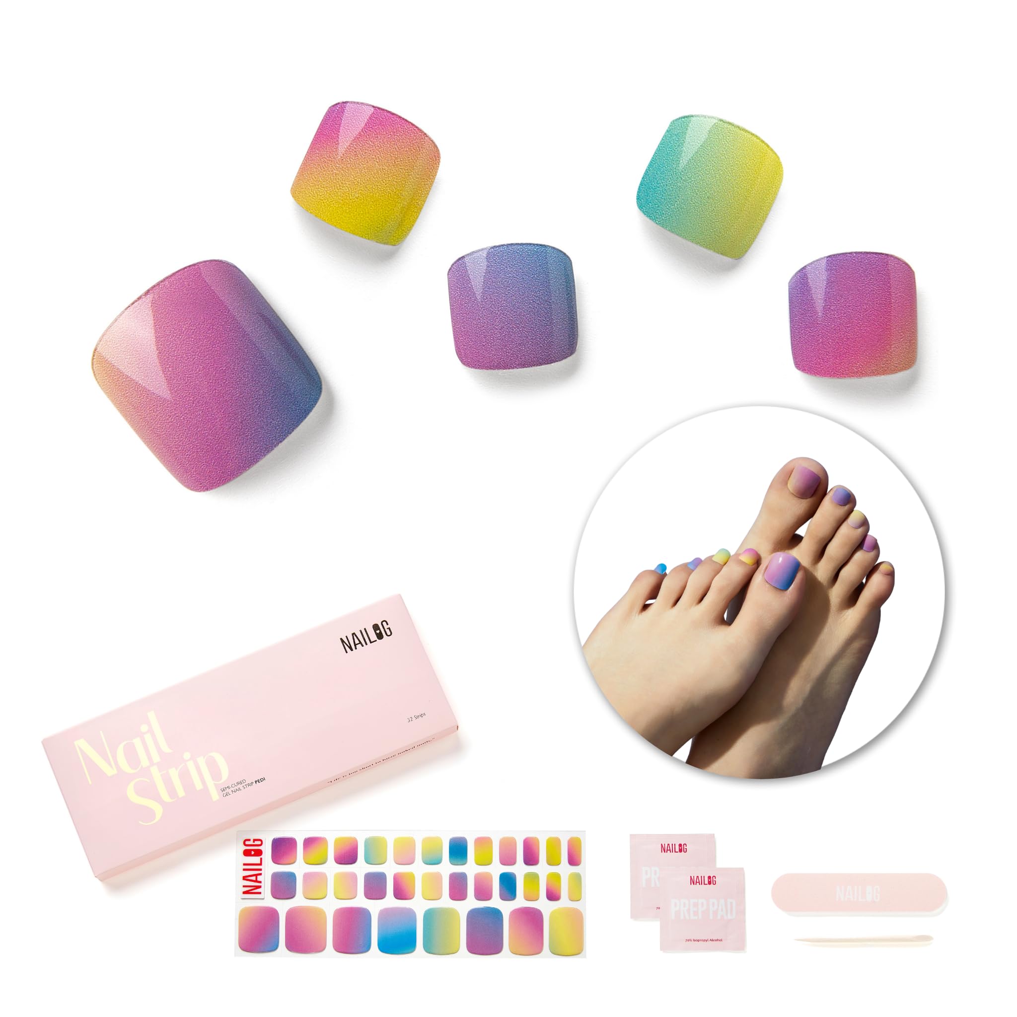 NAILOG Semi Cured Gel Nail Strips, Toe Nail Polish Strips with Glossy Gel Finishing | 32 Pieces Long Lasting Pedi Nail Wrap, Rainbow