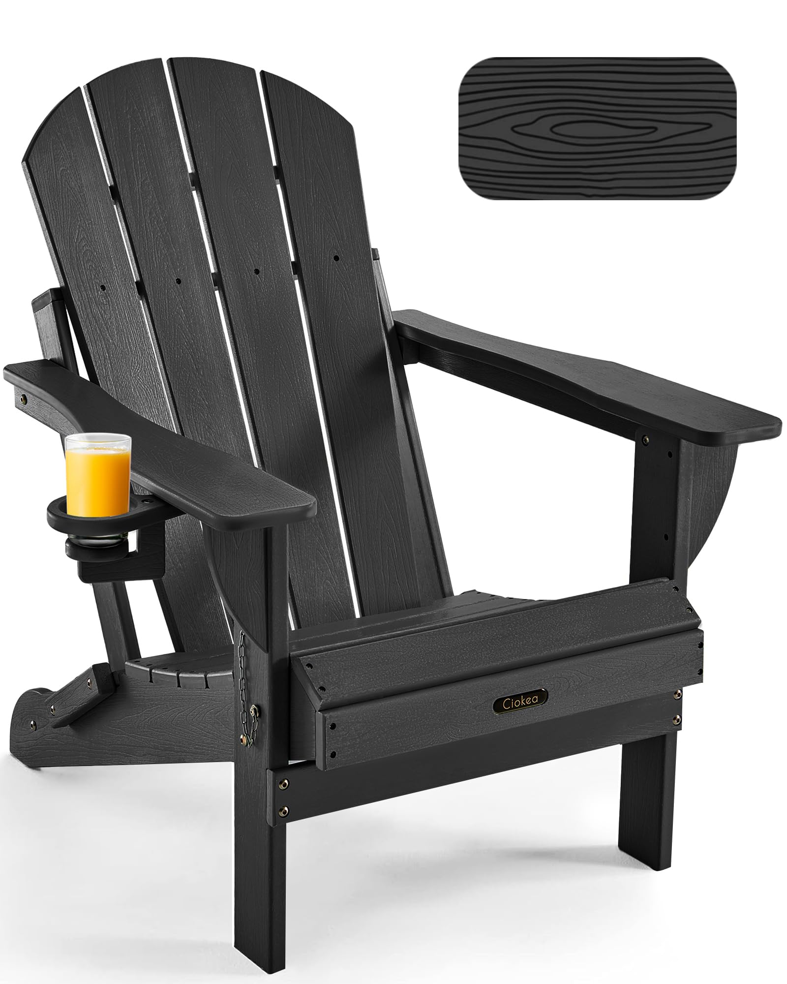 Ciokea Folding Adirondack Chair Wood Texture for Patio, Weather Resistant, Plastic Fire Pit Chair with Cup Holder, Lawn Chair for Outdoor Porch Garden Backyard Deck (Black) Image
