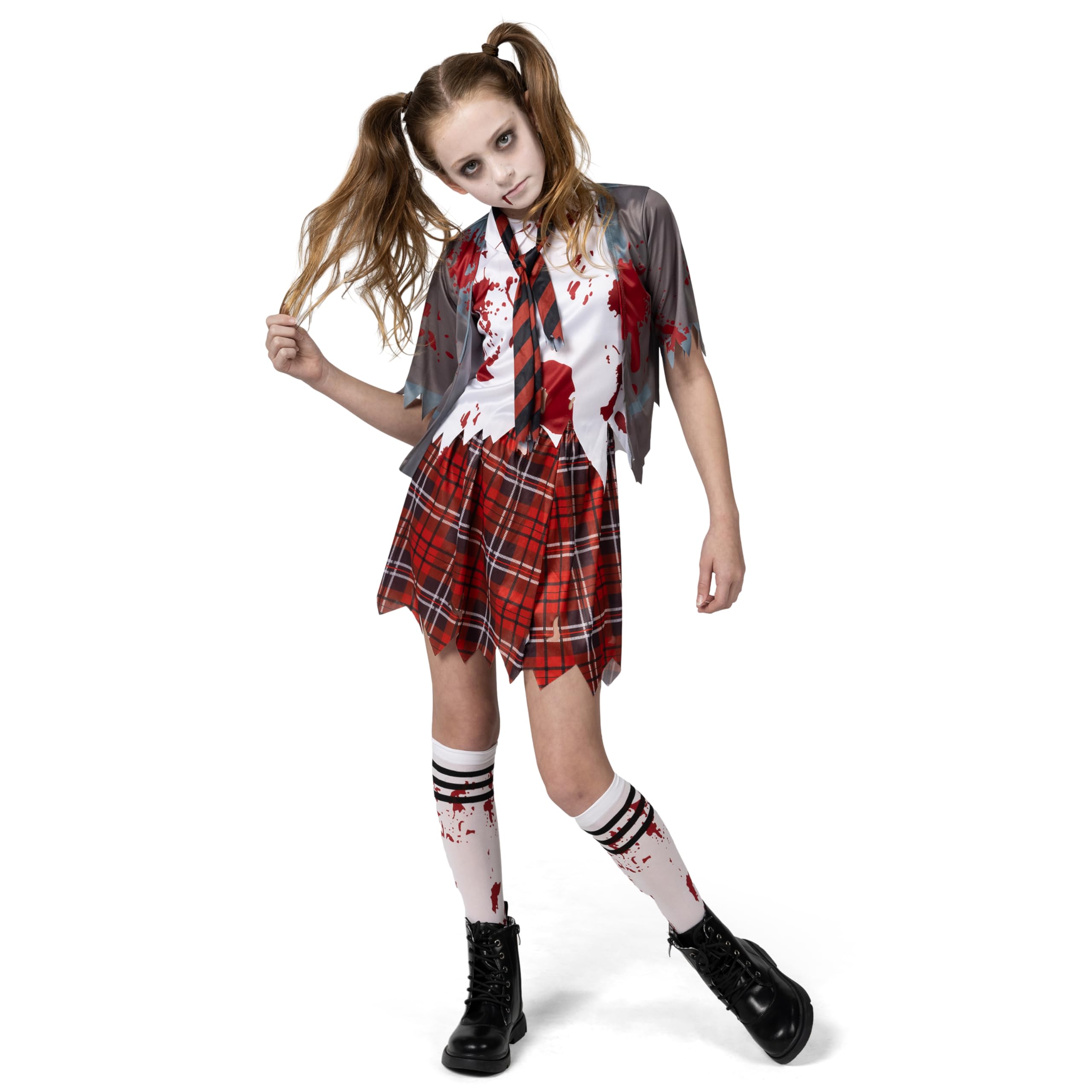 Spooktacular Creations Zombie Schoolgirl Costume, Girl Bloody Zombie Costume for Kids,Halloween, School, Event Party Dress Up (Gray, Large(10-12 yrs))