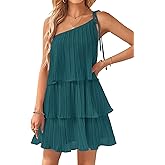 ZESICA Women's Boho Summer One Shoulder Sleeveless Ruffle Tiered Layered Chiffon Pleated A Line Flowy Mini Dress