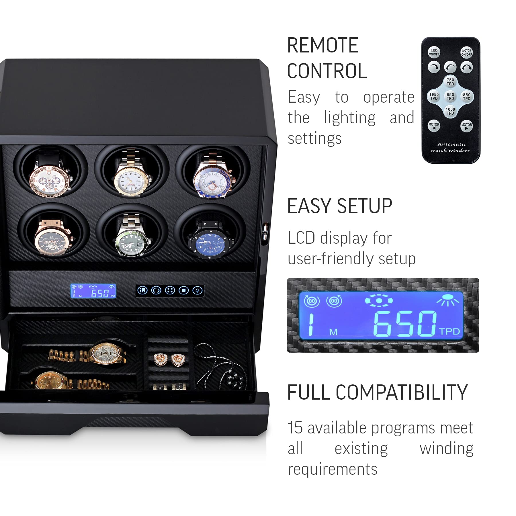 Watch Winder for 6 Automatic Watches with LED Backlight, LCD Display, Remote Control and The Storage Drawer for Watches and Jewelry (Black)