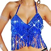 Nicute Silver Sequin Top Fringe Bra Top Sparkly Belly Dance Tops for Women