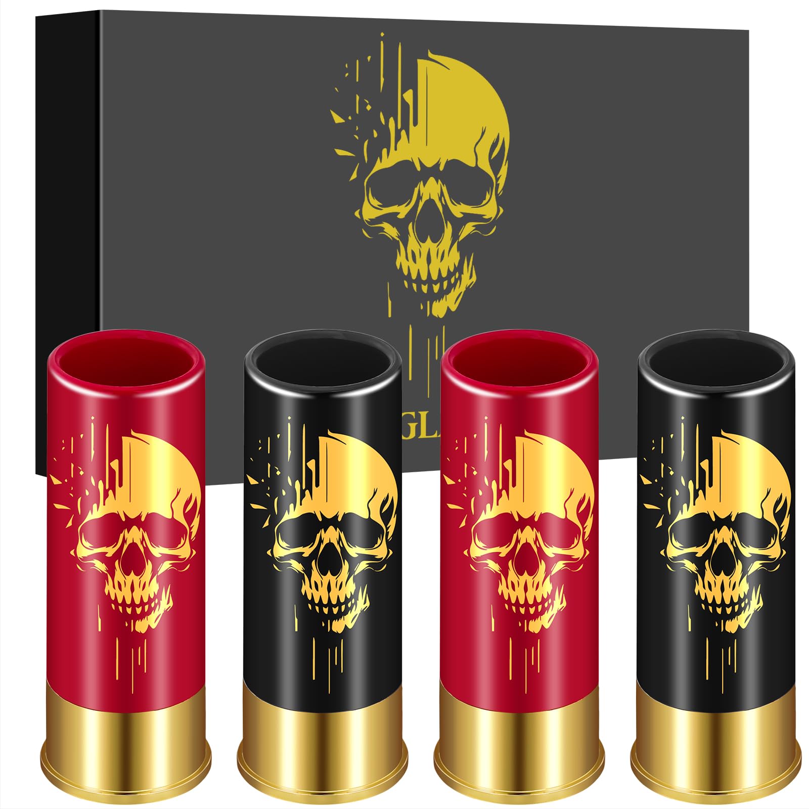 Skull Plastic Shot Glasses, Set of 4 With Gift Box, Gothic Gifts, Novelty Shot Cups for Men Women Wedding Party, 12GA Small Bullet Cups for Whiskey Vodka Liquor, Black+Red