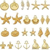 SUNNYCLUE 1 Box 72Pcs 12 Styles Gold Beach Charms Summer Ocean Animal Charms Bulk Alloy Sea Turtle Starfish Seashell Seahorse Sailboat Sea Theme Golden Charm for Jewelry Making Charms Crafts Bracelet