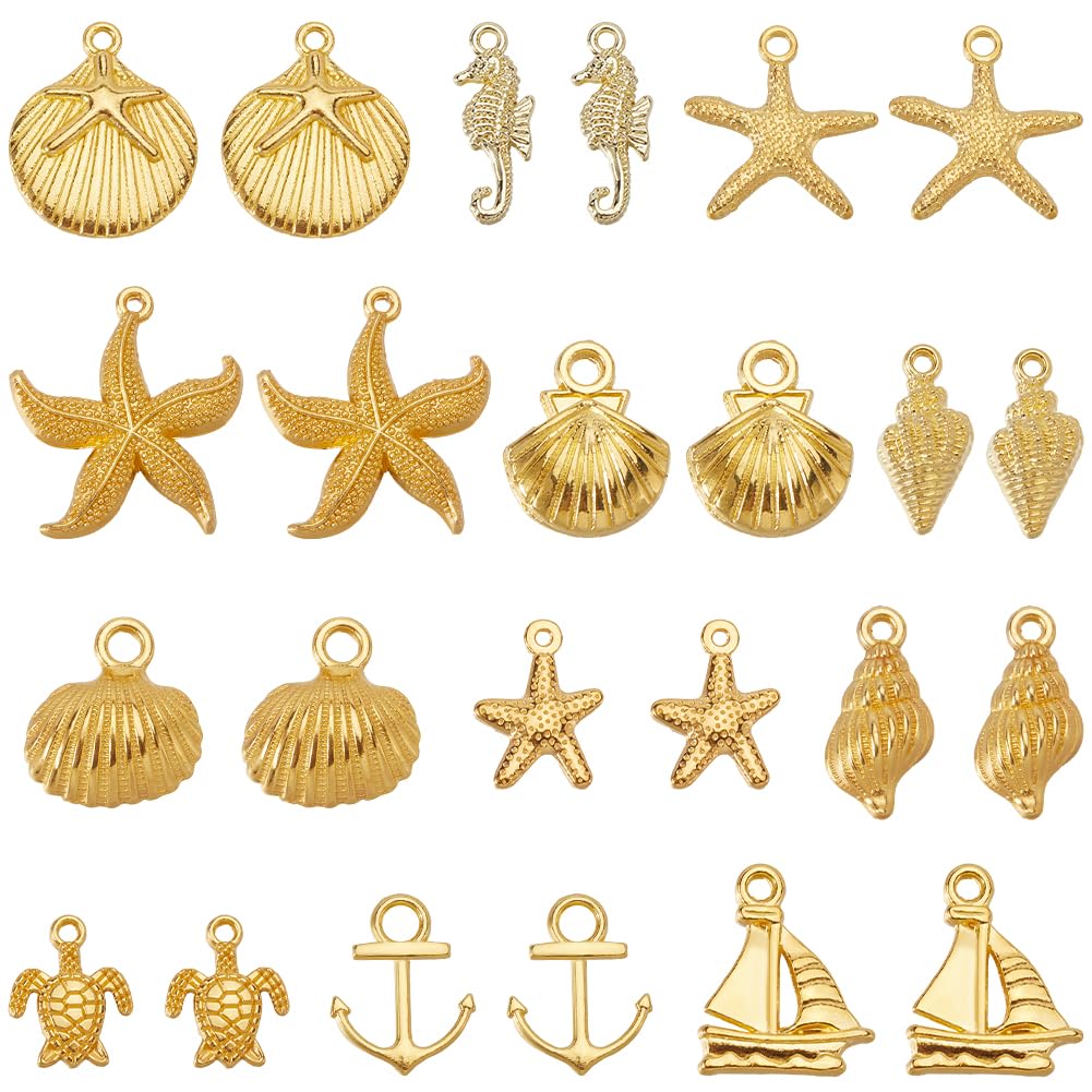 Photo 1 of SUNNYCLUE 1 Box 72Pcs 12 Styles Gold Beach Charms Summer Ocean Animal Charms Bulk Alloy Sea Turtle Starfish Seashell Seahorse Sailboat Sea Theme Golden Charm for Jewelry Making Charms Crafts Bracelet