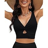 LookbookStore Tankini Tops for Women Cut Out Long Bikini Top Twist Knot Padded Adjustable Swimsuit Tops Only Resort Wear