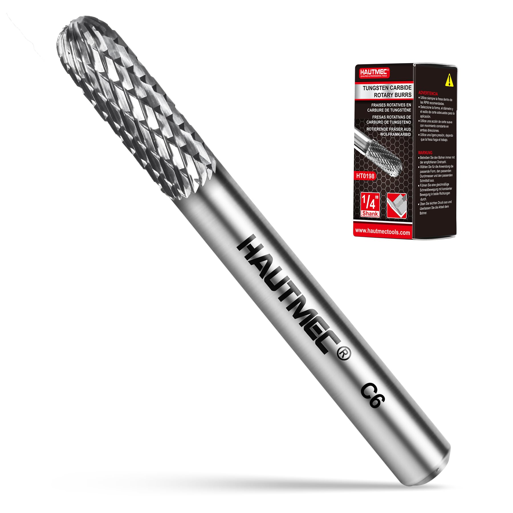 HAUTMEC Tungsten Carbide Rotary Burr Bit YG6, 1/4" Shank Double Cut Die Grinder Bit, Low Vibration Precision Rotary File for Metal Grinding, Engraving & Deburring (6MM Cylindrical Ball End), HT0198
