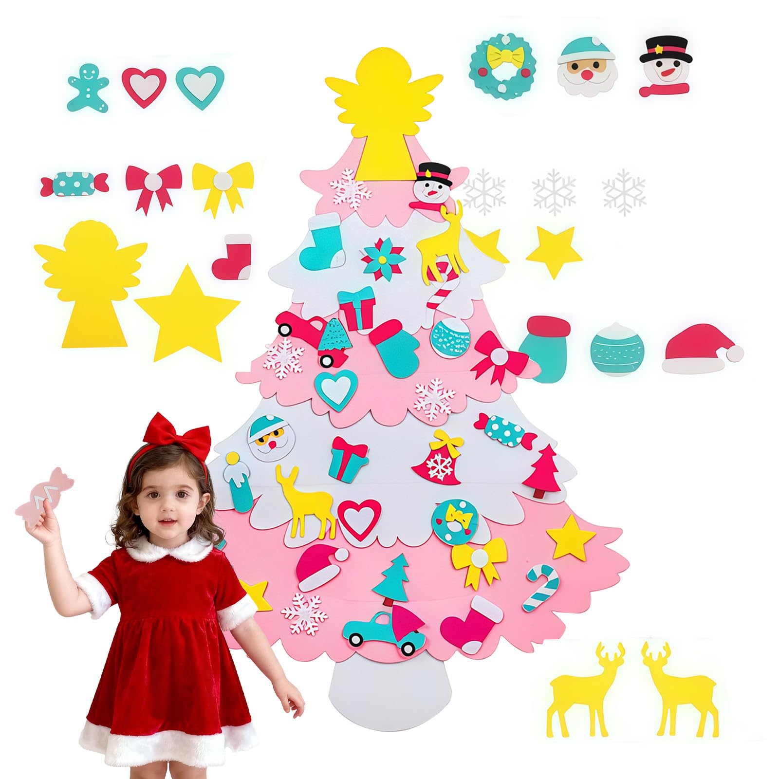 DIY Felt Christmas Tree for Kids Toddler,3.28ft Interactive Montessori Funny Felt Christmas Tree Decorations,Pink Velcro Xmas Tree with 32 Ornaments for Girls Xmas Gift Home Door Wall Window Hanging