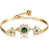 L & J 18k Gold Plated Sparkling Green Simulated Rhinestone CZ Flower Bangle Bracelet for Women, Jewelry Gift for Valentines Day, Mothers Day, Birthday, Anniversary, Christmas Gift for Her