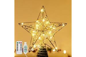 Lewondr Christmas Star Tree Topper, USB Powered Remote Controlled 11 Inch Christmas Tree Topper Beaded Star Light, 6H Timer Christmas Tree Star Topper for Xmas Tree Home Holiday Party Decoration, Gold