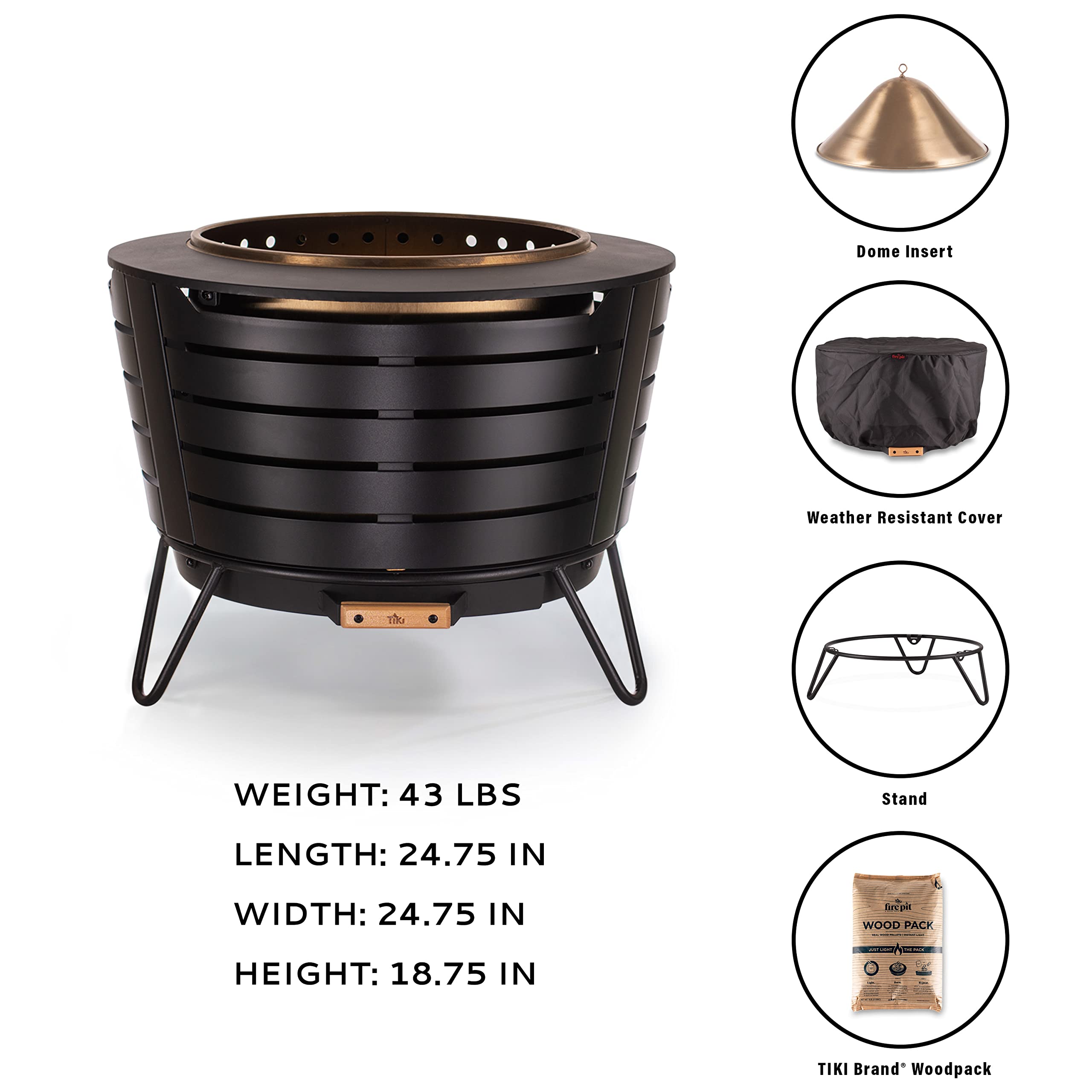 TIKI Brand Smokeless 24.75 in. Patio Fire Pit, Wood Burning Outdoor Fire Pit Includes Wood