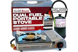 CHEF MASTER Grill Boss Dual Fuel Camp Stove - 12,000 BTU Butane & Propane Portable Stoves for Camping, Emergencies, BBQ, Hiking & Backpacking - Double Wind Guard, Instant Piezo Ignition System - 90057