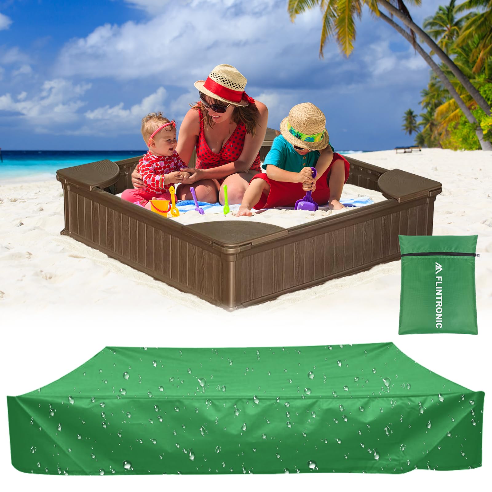 flintronic Sandbox Cover Square, Sandpit Covers Waterproof with Drawstring, Waterproof Sand Pit Cover Dustproof Protection, Oxford Cloth Sandbox Cover for Sandpit and Furniture, 120x120cm -(Green)