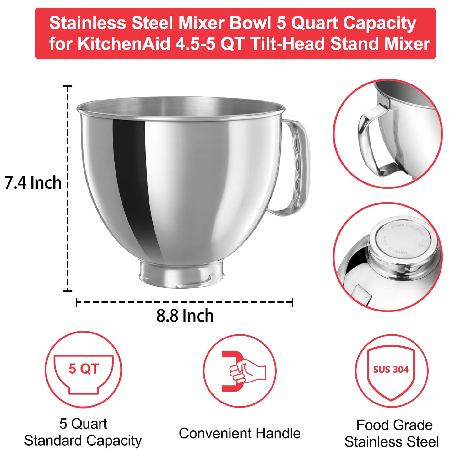 5 Qt 18/8 Stainless Steel Mixing Bowl for Kitchen Aid Tilt-Head Classic&Artisan Series Stand Mixer, Mixer Bowl Replacement Compatible with K45, KSM85, KSM90, KSM150, Dishwasher Safe, Ergonomics Handle