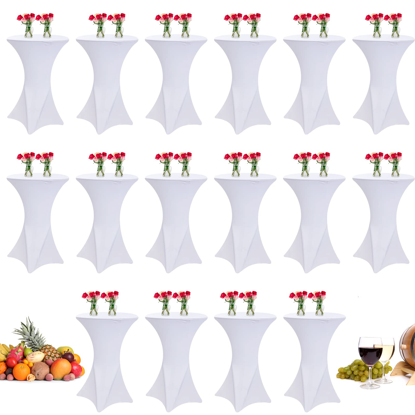 Photo 1 of 32 x 43 Inches Highboy Spandex Cocktail Table Cover, Round Cocktail Tablecloth Stretch Fitted Tablecloth for Round Bottom Table Bar Pub Wedding Party Banquet Birthday Supplies (White, 16 Pieces)