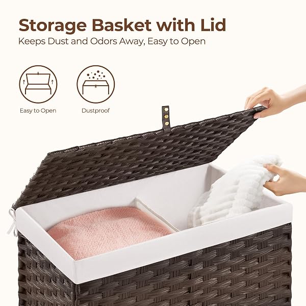GREENSTELL STORAGE BASKET WITH LID, 42.3 GALLON(160L) LAGRE WICKER BLANKET STORAGE BASKET WITH HANDLES, FOLDABLE, 2 REMOVABLE LINER BAGS, METAL FRAME, FOR BEDROOM, LAUNDRY ROOM, BROWN, 30″*18.1″*18.1″