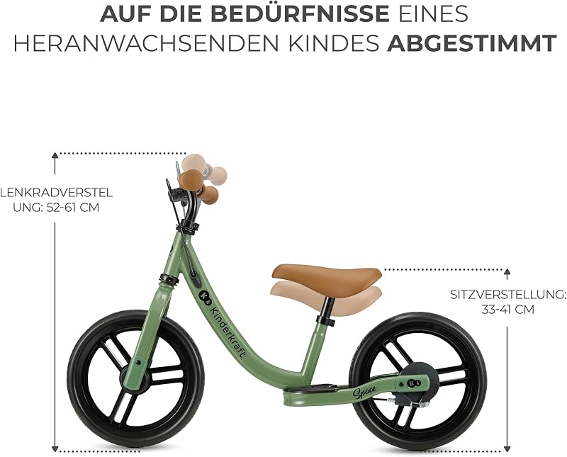 SPACE2 Laufrad, Lernlaufrad, Kinderlaufrad, Höhenverstellbarer Sattel, 12 Zoll Räder, Metall, ab 2 Jahre, Modernes Design, Grün