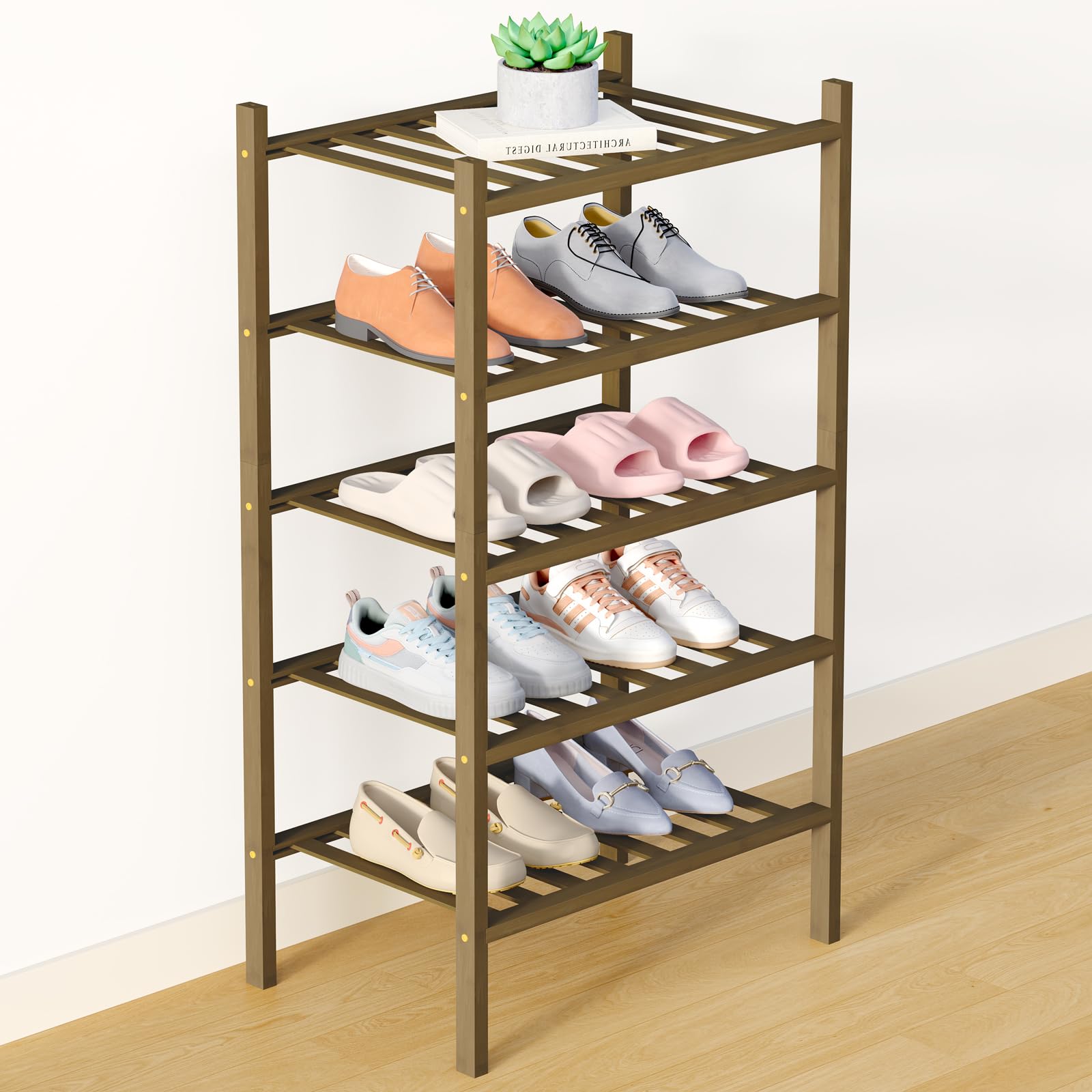 Smiry Bamboo Shoe Rack for Closet, 5 Tier Small Wooden Stackable Shoe Organizer, Free Standing Shoes Storage Shelf for Entryway, Front Door Entrance, Walnut Image