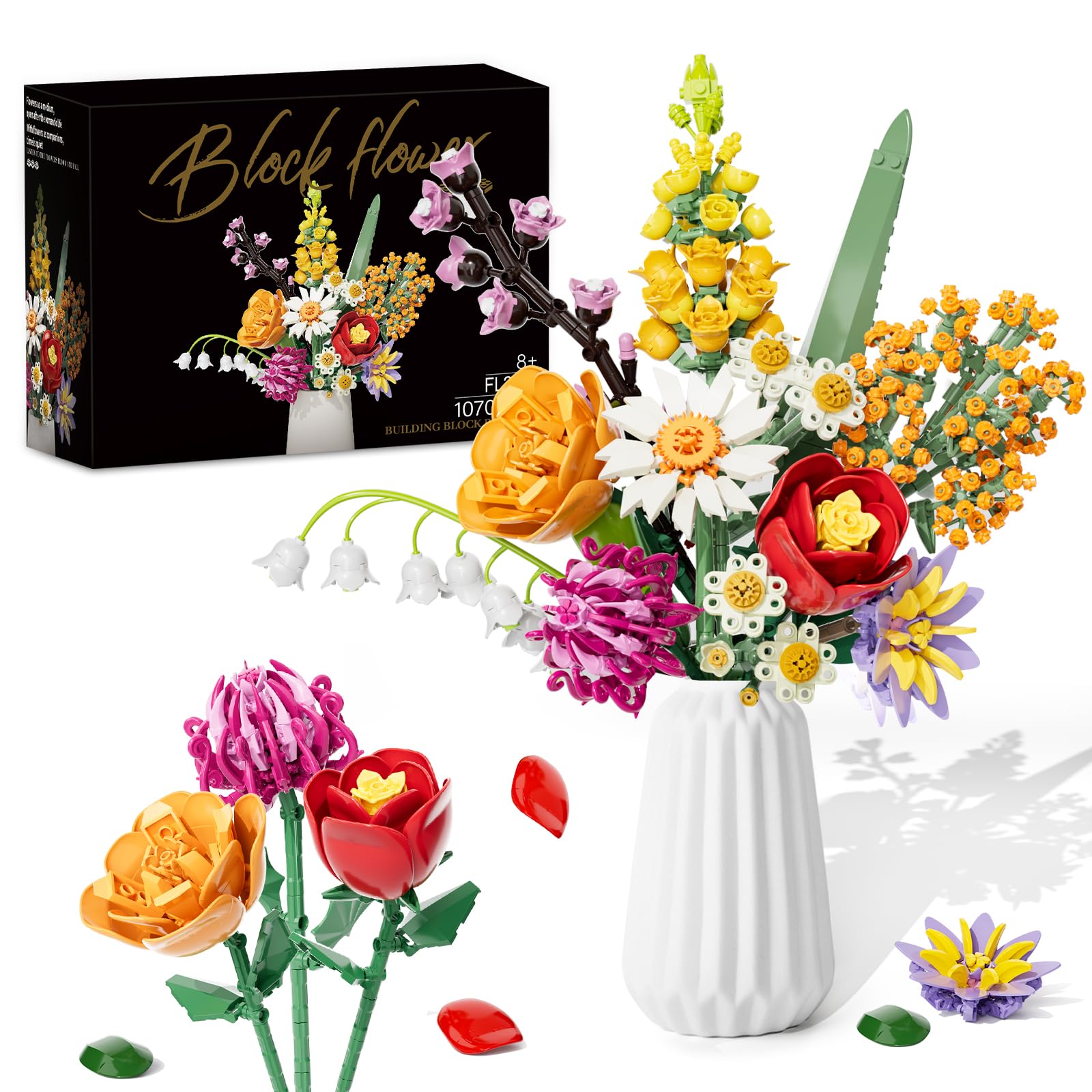 Flowers Bouquet Building Sets for Adult, 1070 PCS Artificial Flower Building Blocks, DIY Kit with 10 Kinds of Flower Plants, Valentines Day Gifts for Her Wife, Botanical Collection Home Decor(No Vase)