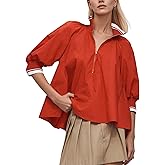 Ceputer Women Sporty Puff Sleeve Half Zip Blouse Casual Contrast Loose Fit Henley Swing Top