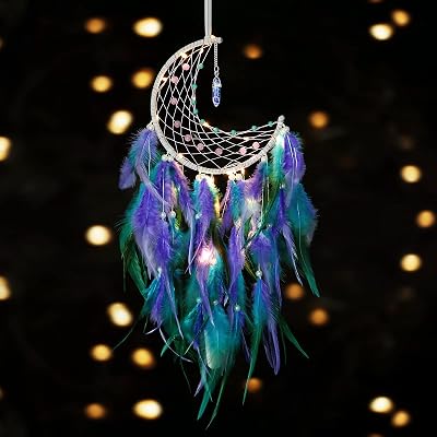 Dremisland Moon Dream Catcher with LED Lights, Blue Purple Feathers