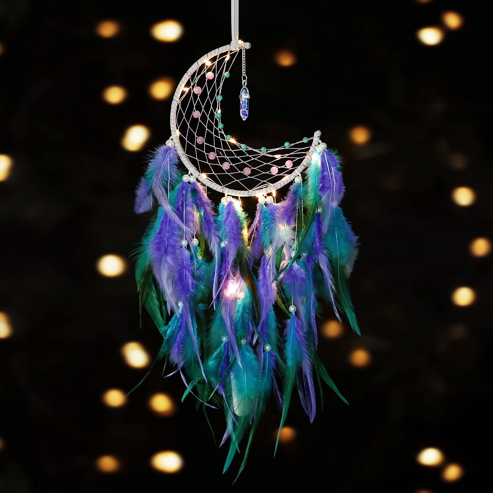 Dremisland Moon Dream Catcher with Fairy Lights Indian Dreamcatcher Kids Bedroom Accessories Blue Purple Feather Lucky Turquoise Pendant Wall Hanging Decoration for Home Bedroom Gift