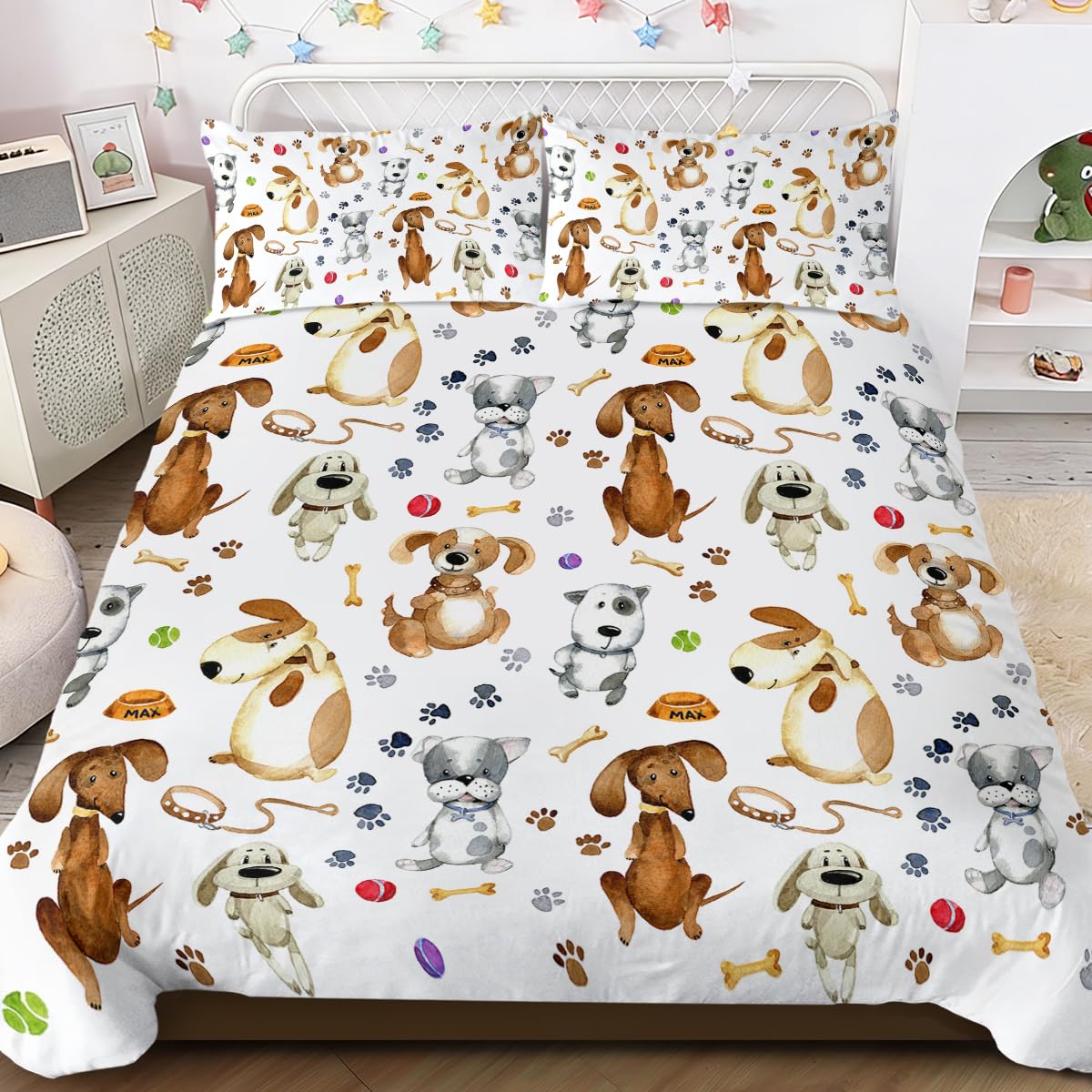 BlessLiving Kids' Duvet Cover Sets Animals Pastel Duvet Covers Cartoon Dogs Paws Pattern Bed Sets 3 Pieces 1 Duvet Cover and 2 Pillow Cases Cute Puppy Dogs Bedding for Kids (Double) — image 1