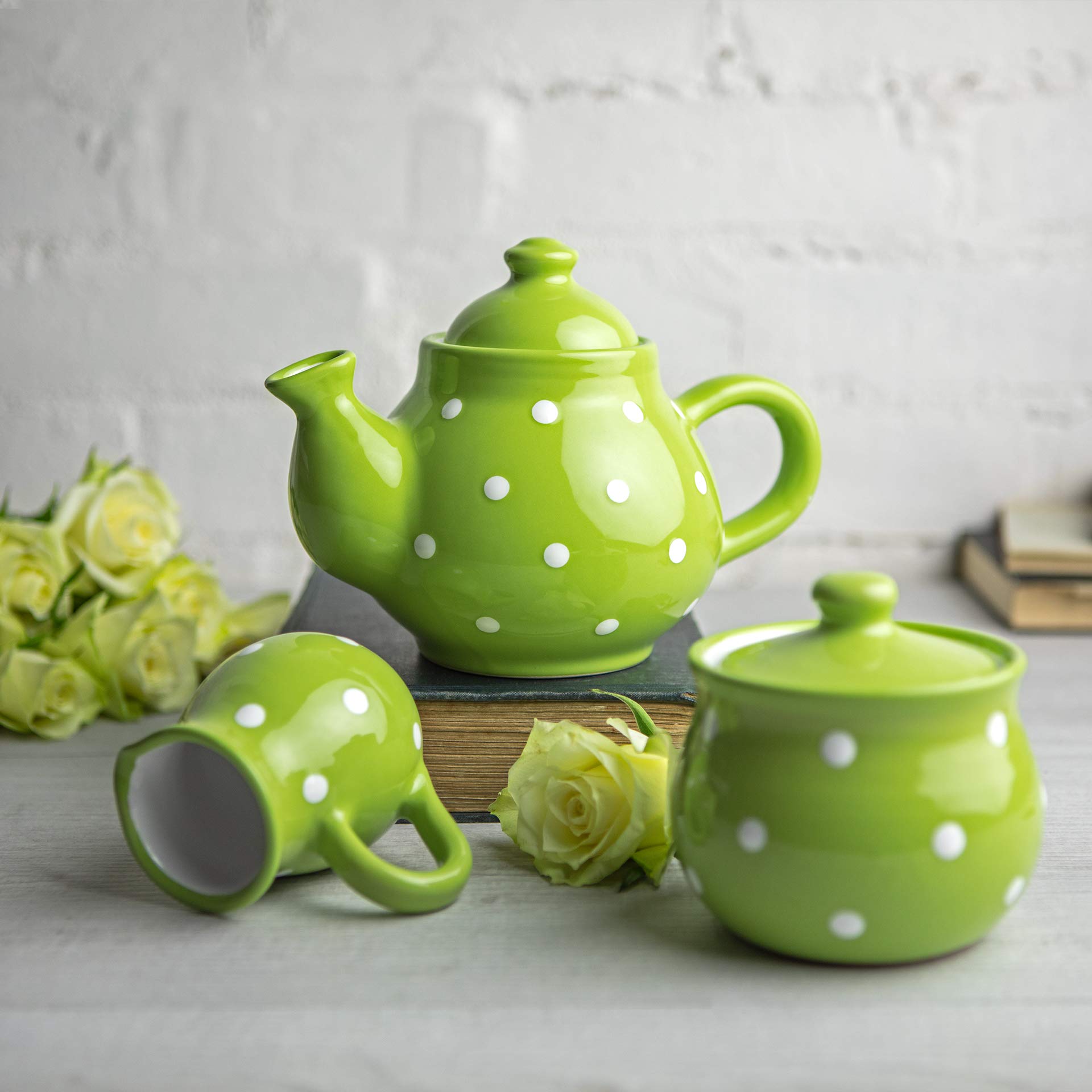 City to Cottage® Lime Green and White Polka Dot Handmade Ceramic Teapot, Milk Jug, Sugar Bowl Set